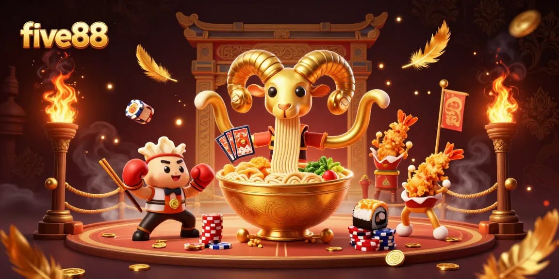 Engage in thrilling gameplay with five88 at a vibrant casino scene featuring energetic cartoon characters and dynamic elements.