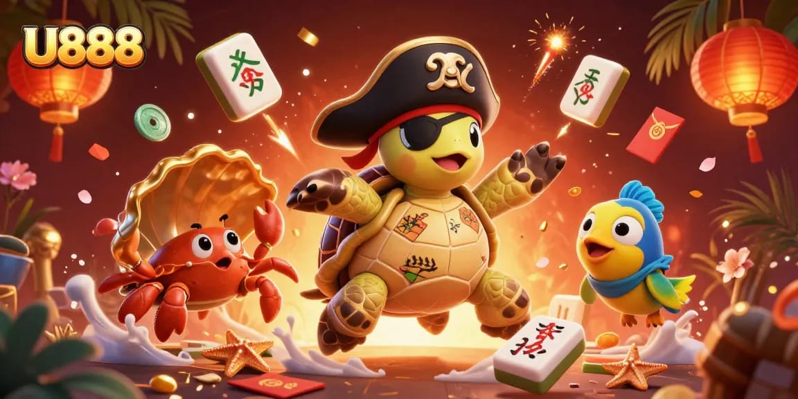 U888 players enjoy vibrant gaming scene with pirate turtle, treasure, and golden casino elements.