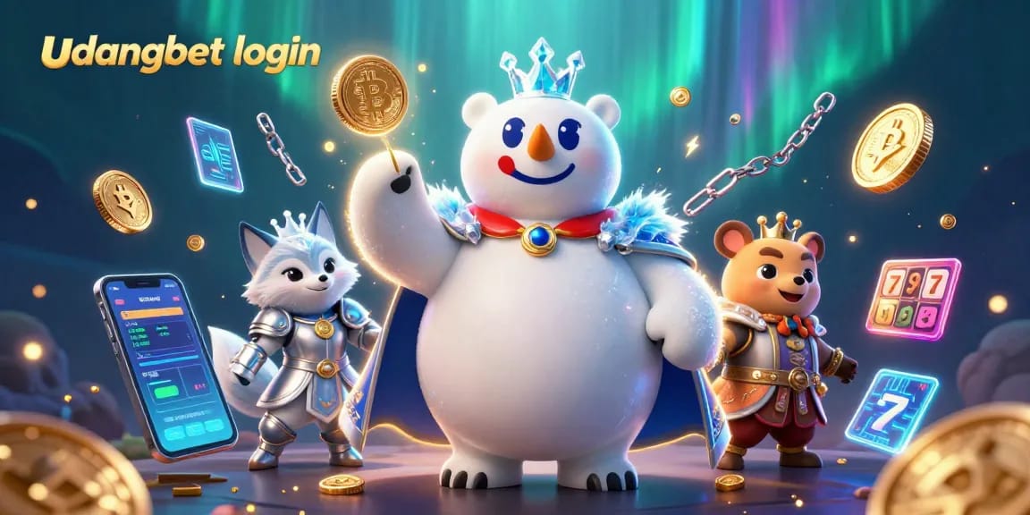 Spin and win with udangbet login, featuring vibrant 3D casino elements and characters.