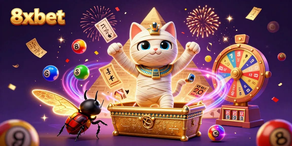 8xbet players engage with vibrant lottery and casino fun in a captivating pyramid scene.