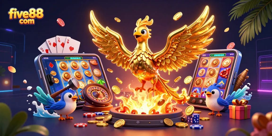 Experience the excitement of five88 com with a golden phoenix and casino games in a dynamic scene.