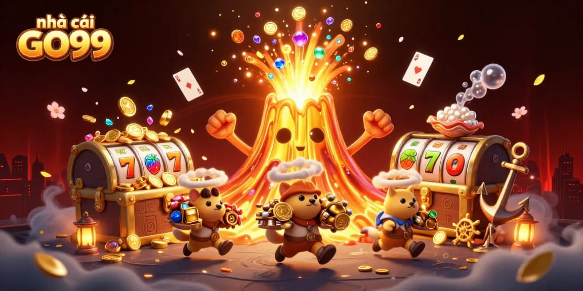 Gameplay at nhà cái GO99 showcases vibrant slot machines erupting with treasures and animated characters.