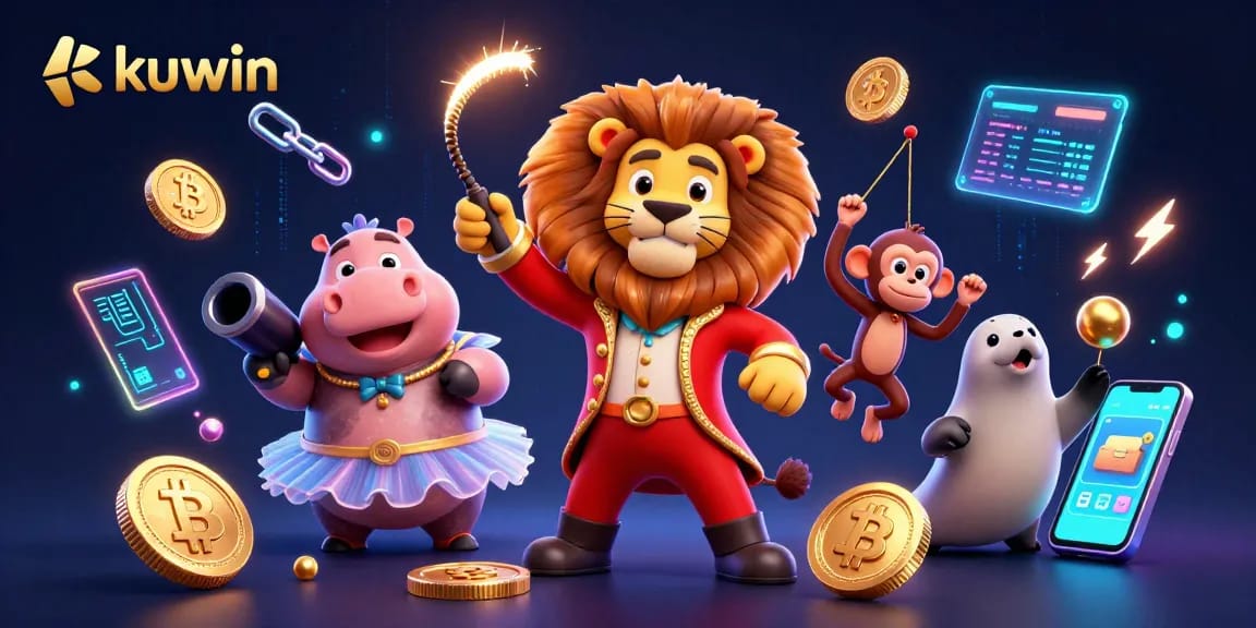 Engage with kuwin's vibrant 3D casino scene featuring cartoon characters and crypto elements.