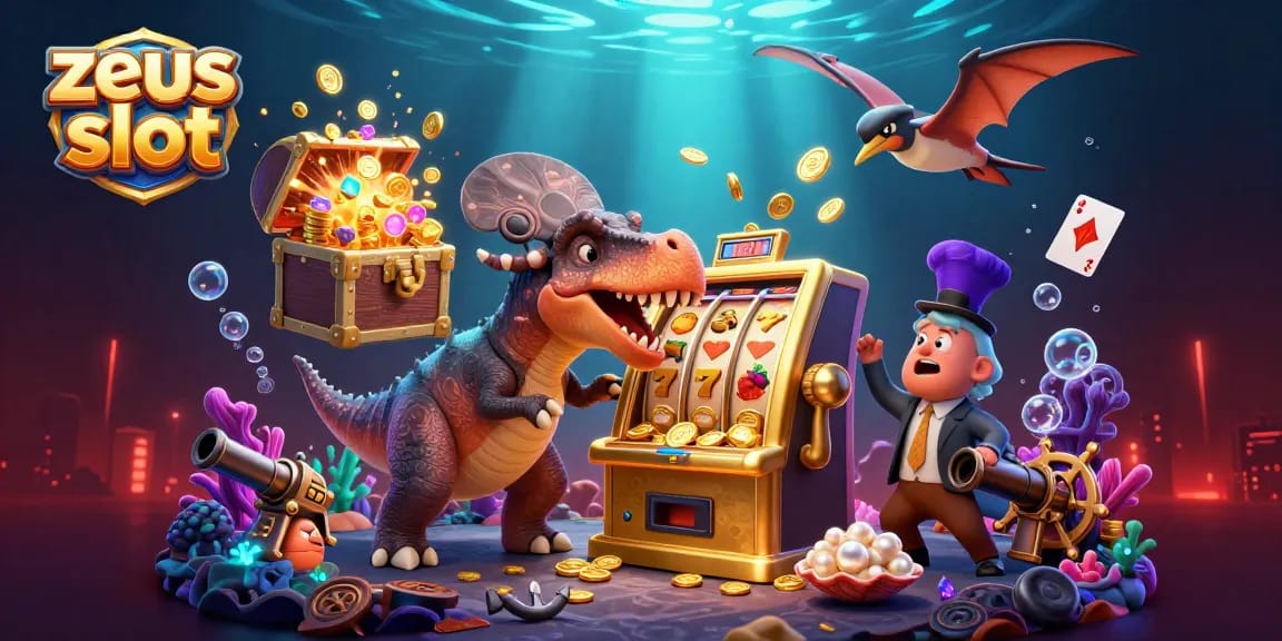Experience the thrill of zeus slot with cartoon dinosaurs, jackpot machines, and dazzling coins.