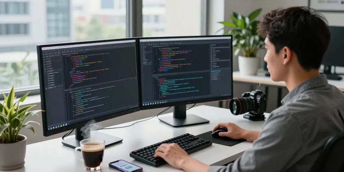 Innovative workspace of a programmer coding with dual monitors, showcasing 纸飞机官网 technology in a vibrant environment.