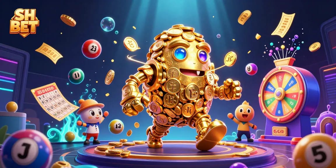 Engage with SH BET in a vibrant casino scene featuring a golden golem character and animated lottery elements