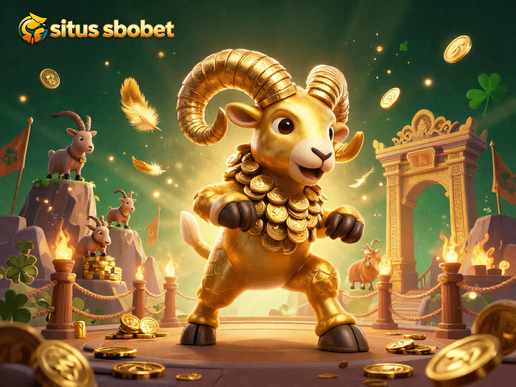 Engage in exhilarating bets at situs sbobet with the vibrant 3D scene featuring a golden ram charging through golden gates.