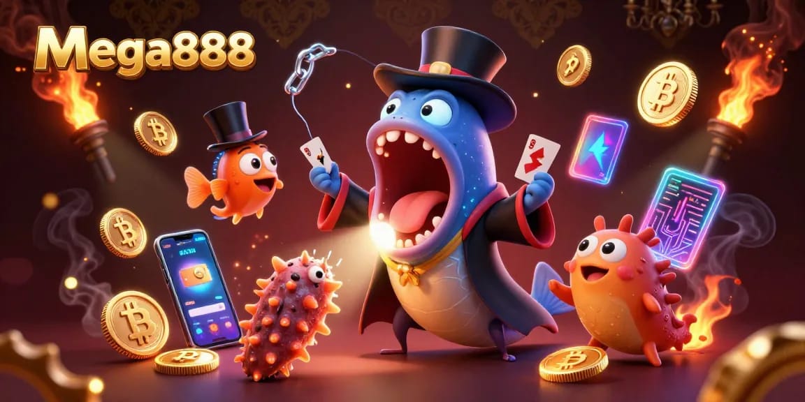 Experience the magic of mega888 with a bioluminescent eel performing tricks in a vibrant casino-themed scene.