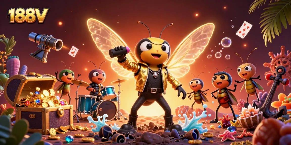Experience thrilling gaming adventures at 188V with vibrant illustrations of rock star themes.