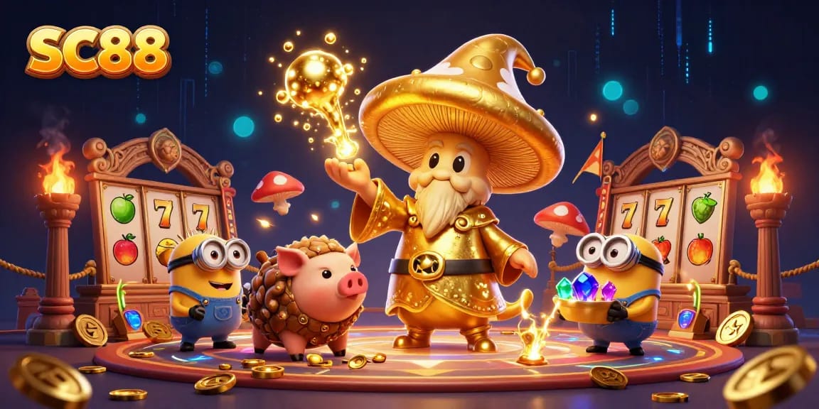 SC88 celebrates winning moments with a magical golden mushroom wizard and treasures at the casino.