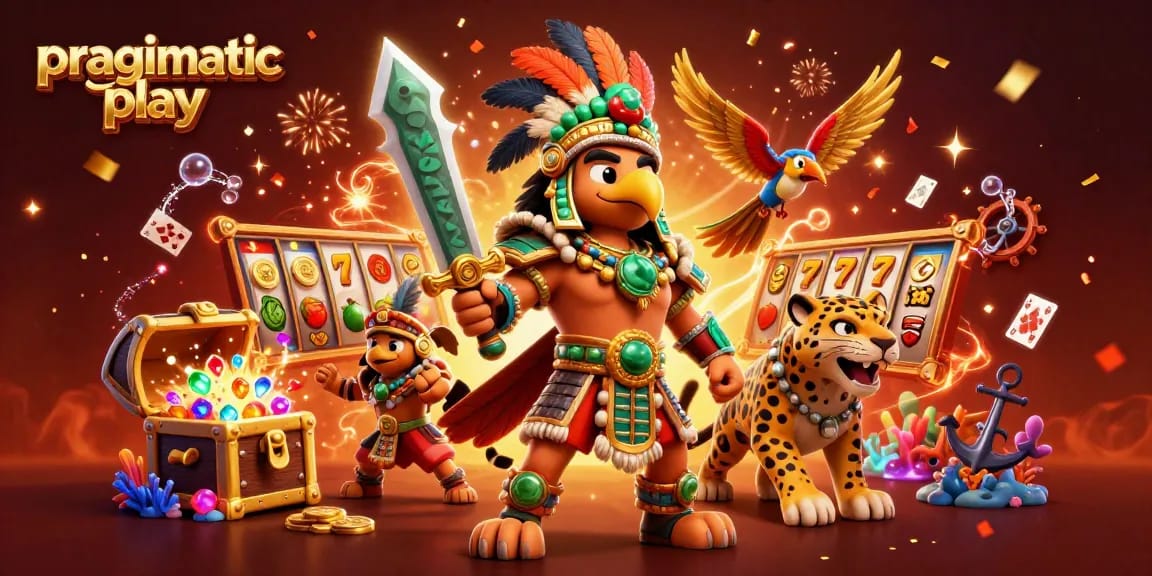 Spin to win with Pragmatic Play in a vibrant casino scene featuring Aztec warriors and slot reels.