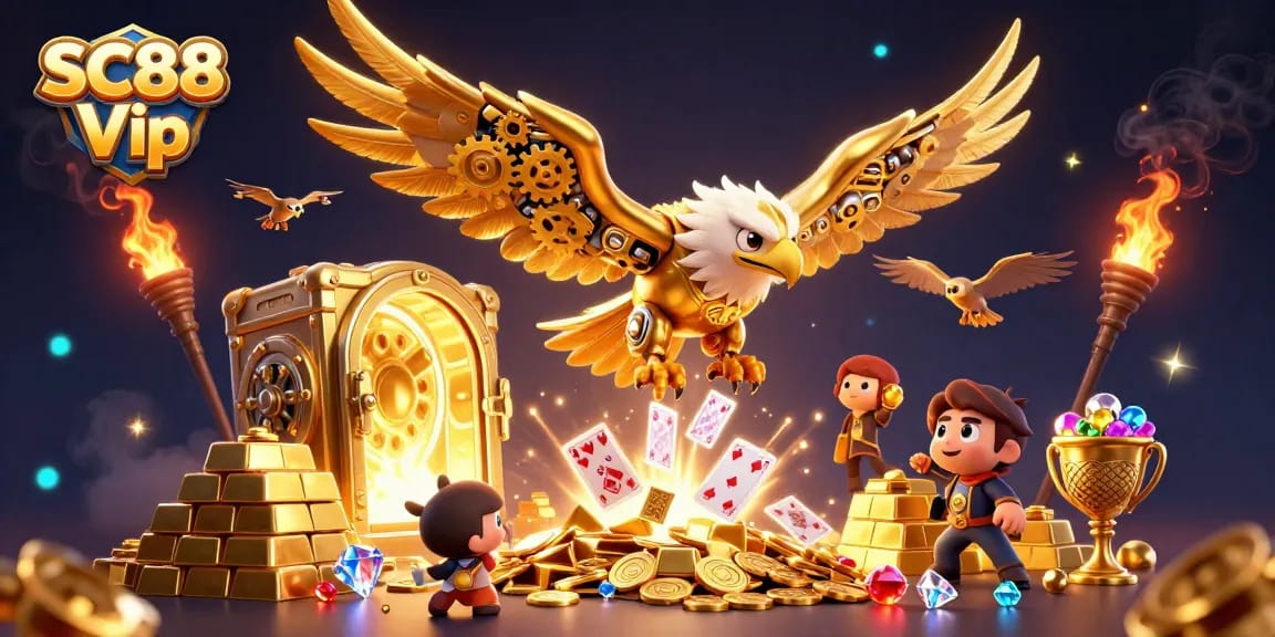 SC88 Vip's exhilarating scene showcases a cybernetic eagle diving amidst holographic cards and treasure.