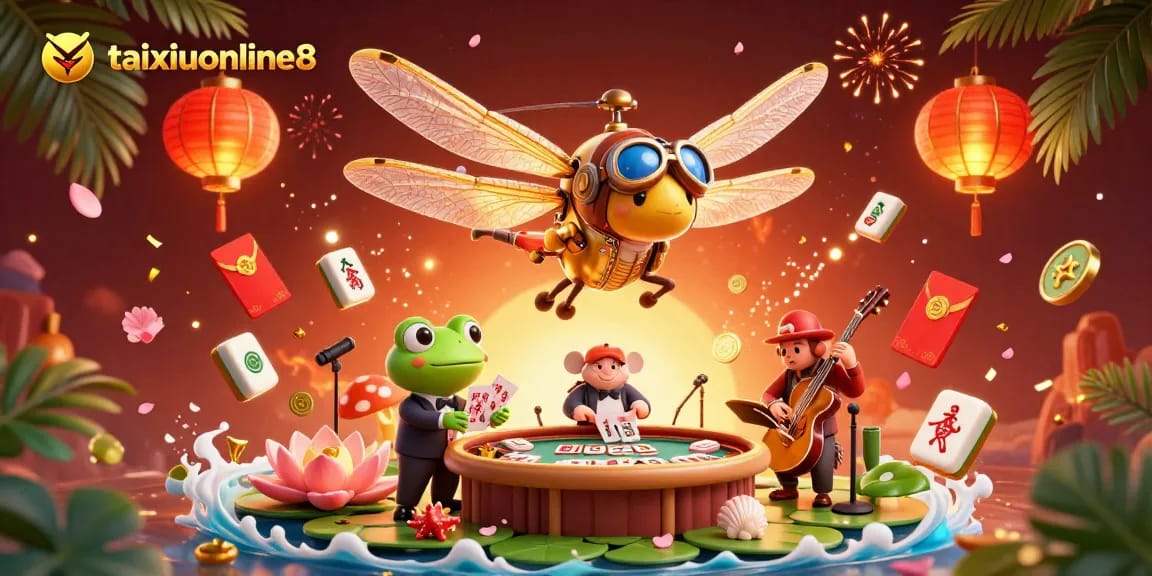 Experience excitement at taixiuonline8 with a dynamic 3D casino scene featuring luck and gaming elements.