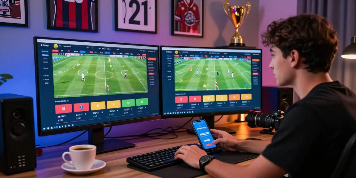 Pengguna taruhan bola melihat opsi taruhan di platform online dengan semangat.