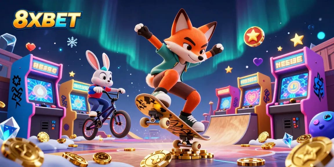Engage in thrilling games at 8XBET, featuring a skateboarder fox and BMX rabbit in a vibrant casino scene.