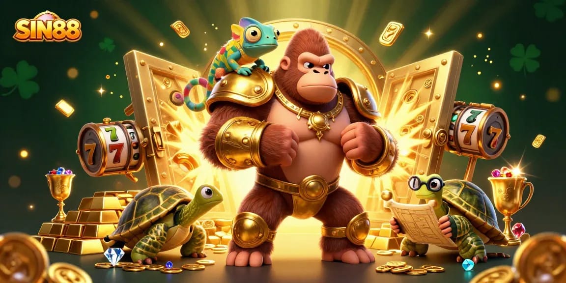 SIN88 brings excitement with a powerful gorilla king and treasures in a vibrant casino scene.