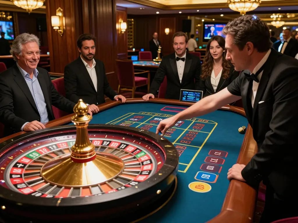 Players placing bets at the RR88 roulette table, vibrant atmosphere of excitement and luxury.