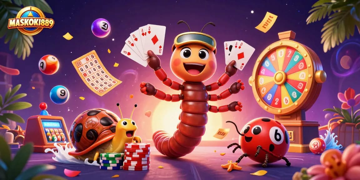 Engage in high-stakes excitement with MASKOKI889's vibrant lottery scene full of lively characters and dynamic game elements.
