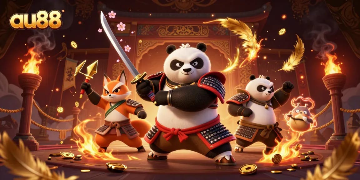 Experience exhilarating gaming action at au88 with samurai, ninja, and magical spirit surrounded by vibrant casino elements.