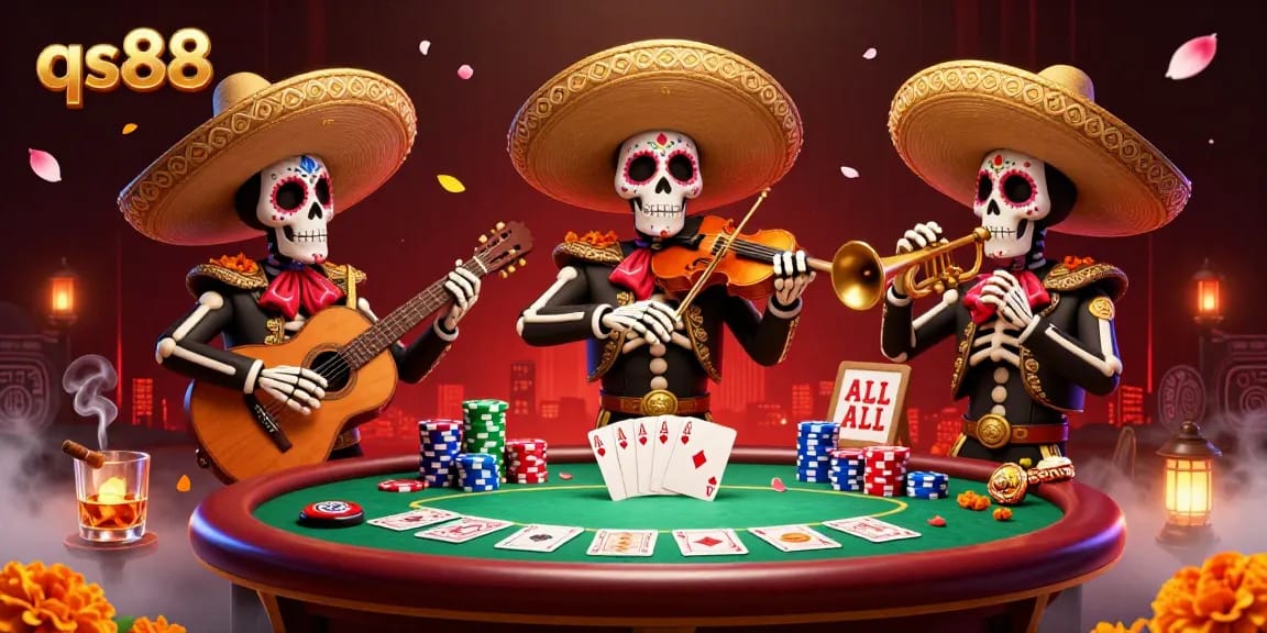 Engage with qs88's vibrant casino atmosphere featuring skeleton mariachi musicians amidst colorful poker elements.