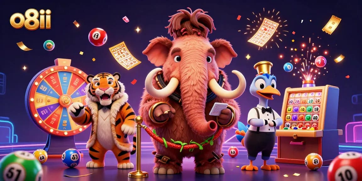 Engage with o8ii's vibrant casino scene featuring colorful lottery balls and dynamic characters.