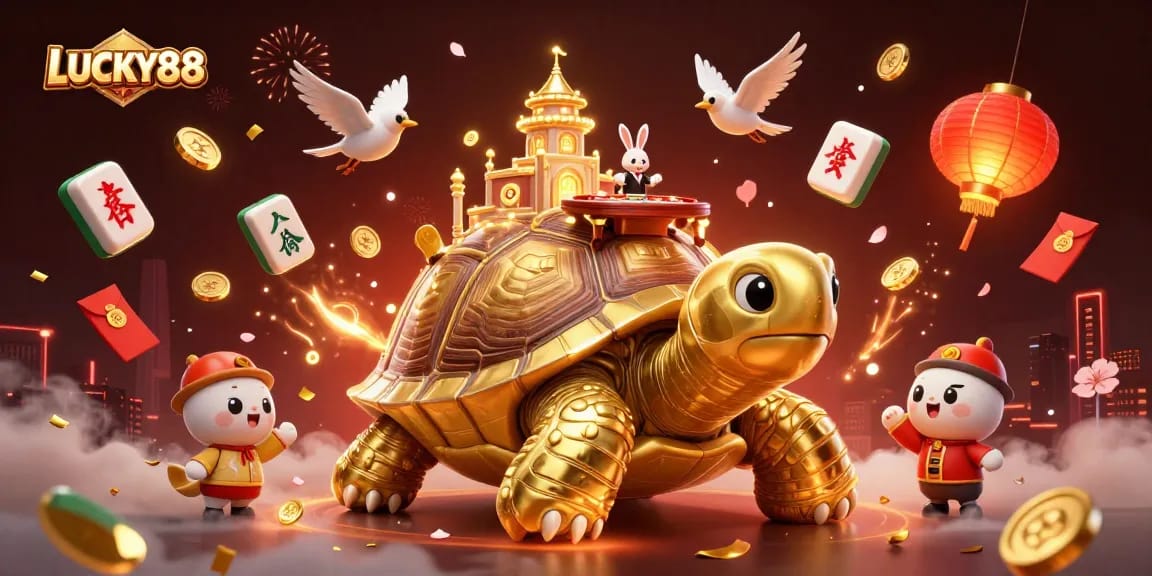 LUCKY88 showcases a vibrant scene with a giant tortoise casino and golden coins flying around, enhancing gambling excitement.