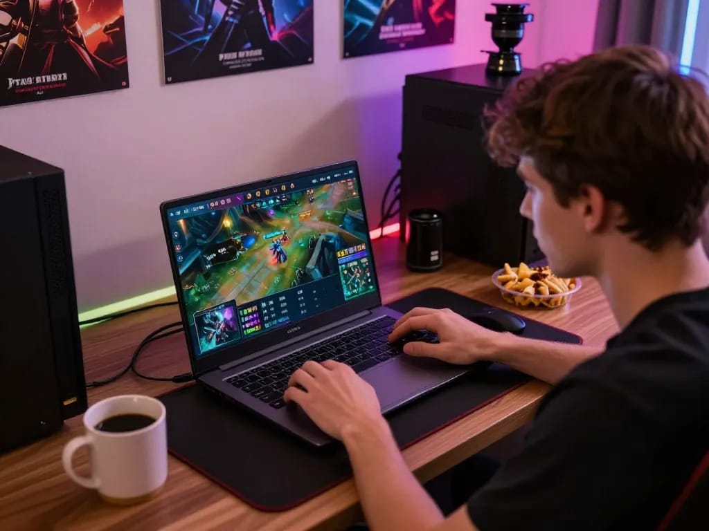 Esport betting Singapore scene of a gamer placing bets on their laptop surrounded by esports graphics in a cozy home setup.
