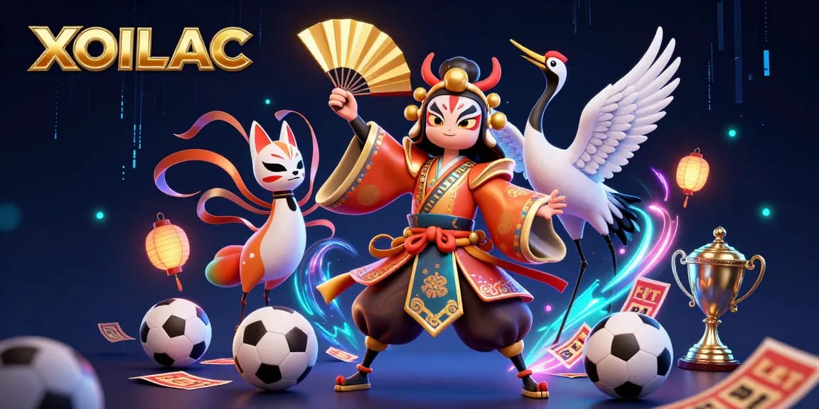 Engage with XOILAC sports betting action featuring a kabuki warrior, trophy, and betting slips in a dynamic scene.