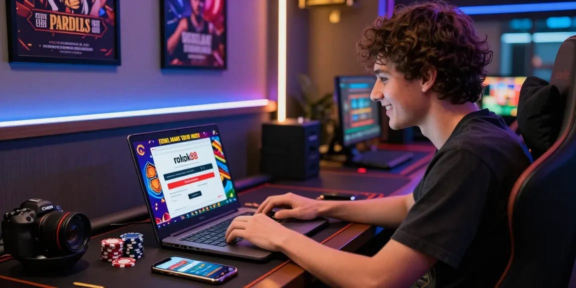 User accessing the rokok88 login page on a laptop in a vibrant online gambling setting.