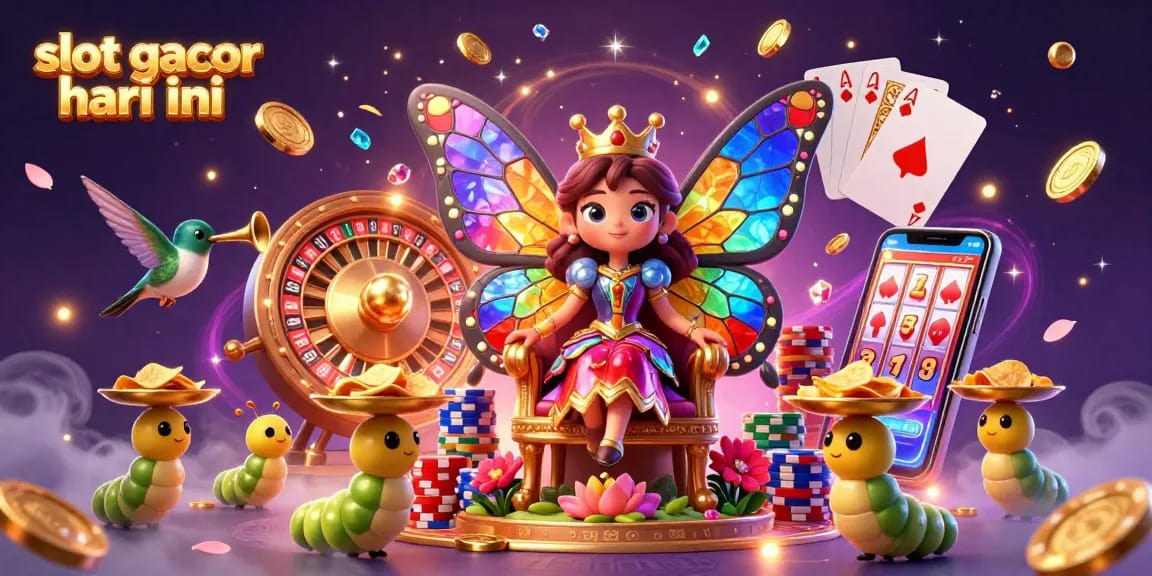 Experience the excitement of slot gacor hari ini with a vibrant 3D illustration of a butterfly queen amid casino elements.