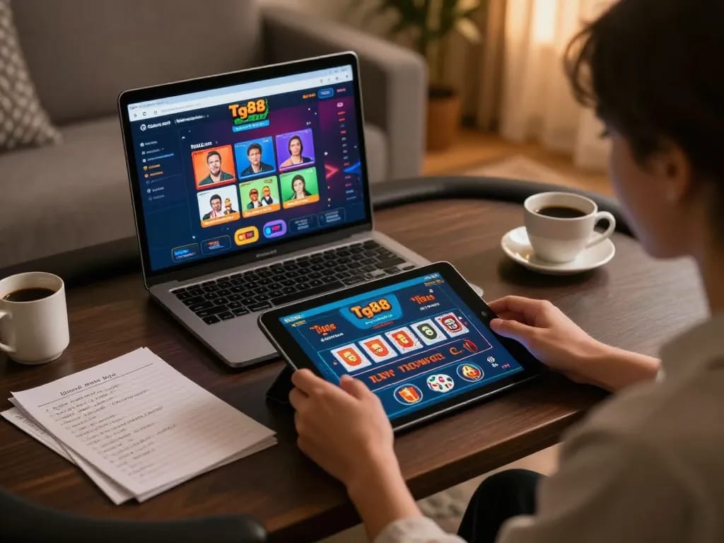 Person enjoying gameplay on Tg88.com at home, focused on tablet with casino interface.