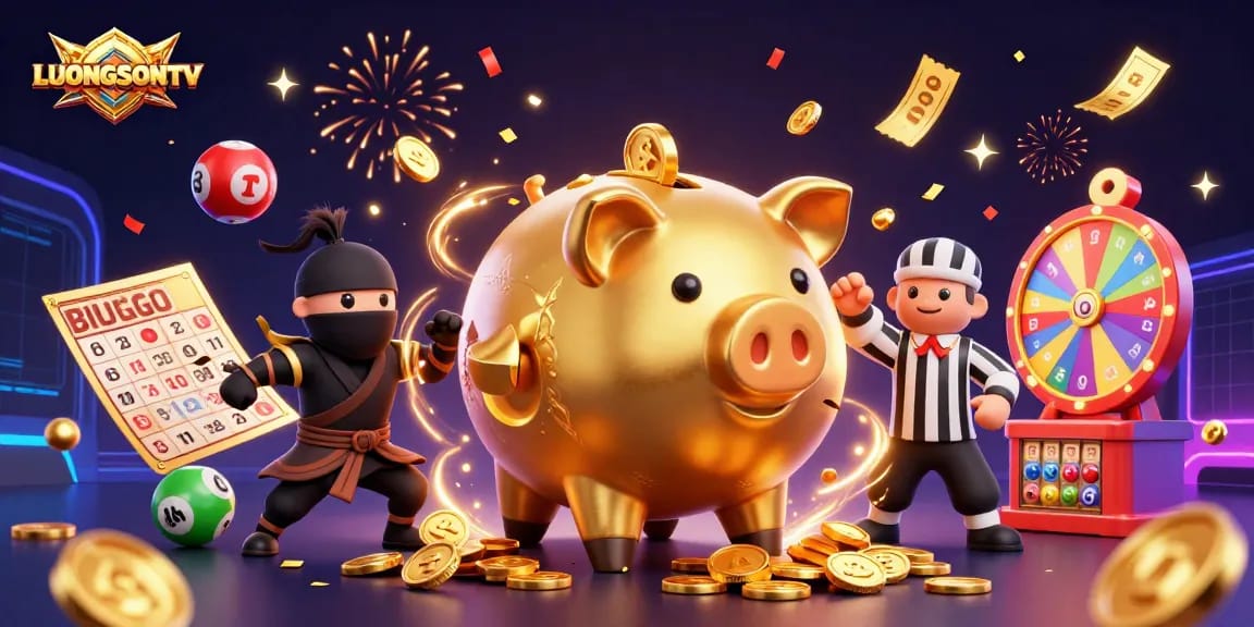 Experience the thrill of LUONGSONTV as a golden piggy bank wrestler drops coins amid casino games.