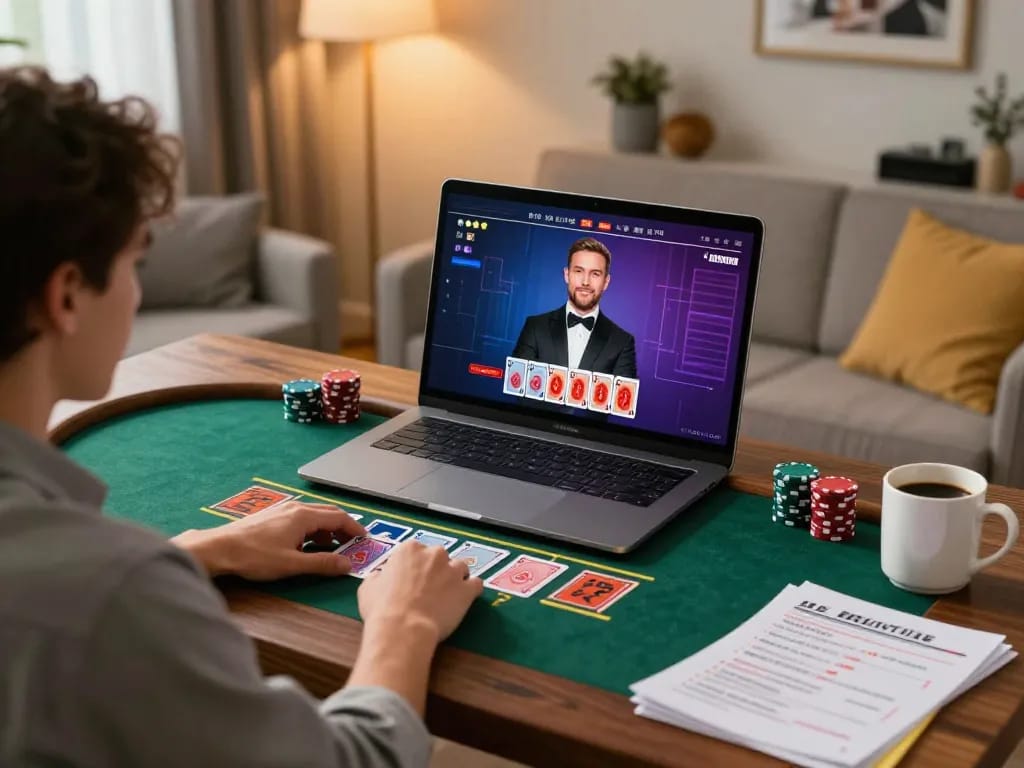 Joueur engagé profitant du casino en ligne argent réel France grâce au blackjack avec croupier en direct à son bureau à domicile