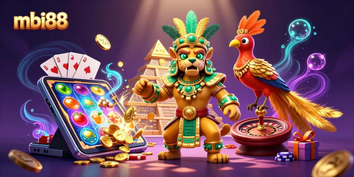 Experience excitement with mbi88's vibrant casino games and dynamic elements in a rich 3D scene.
