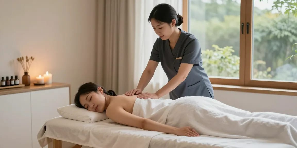 송파출장마사지 with a professional Korean therapist providing a relaxing massage in a serene home setting, promoting wellness and tranquility.