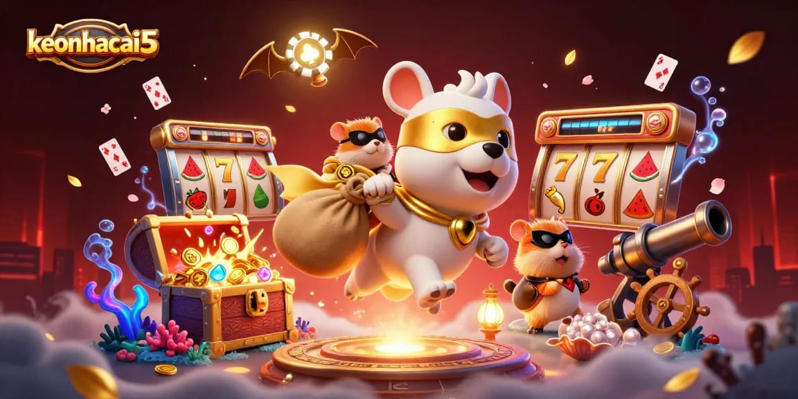 keonhacai5 showcases a thrilling scene with a superhero dog, slot reels, and vibrant casino elements.