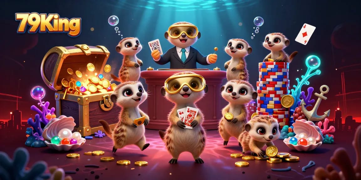 Experience 79King's vibrant casino action with meerkats managing games amidst treasure and excitement.