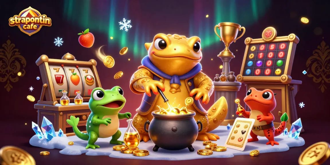 Mempersembahkan strapontin-cafe dalam ilustrasi 3D slot dengan simbol keberuntungan dan petualangan alkimia.