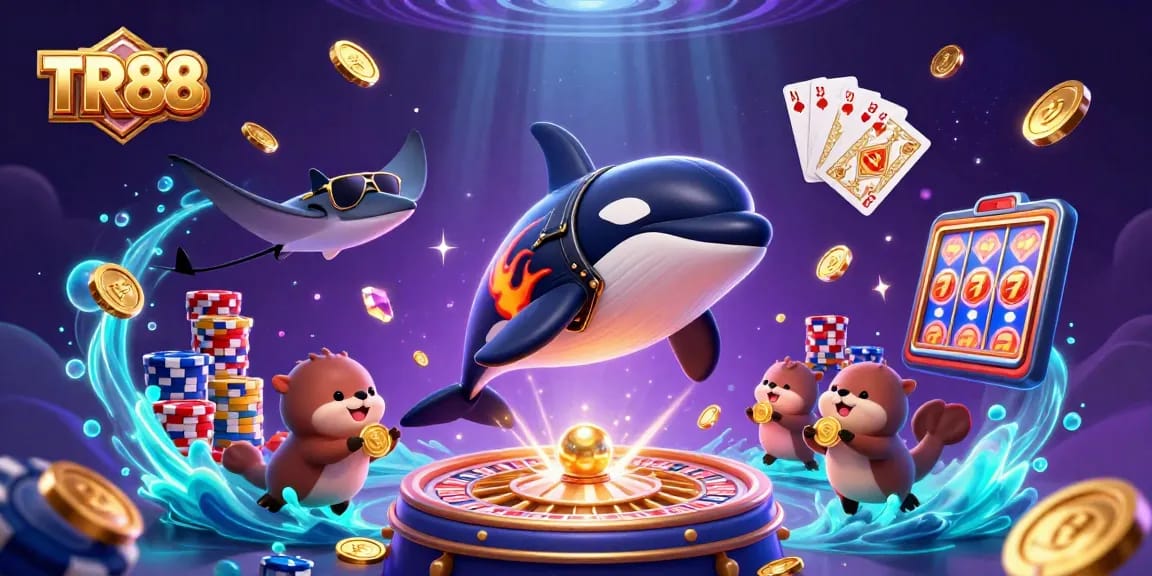 Engage in exciting gameplay at TR88 with colorful coins, cards, and sea creatures in a vibrant casino setting.