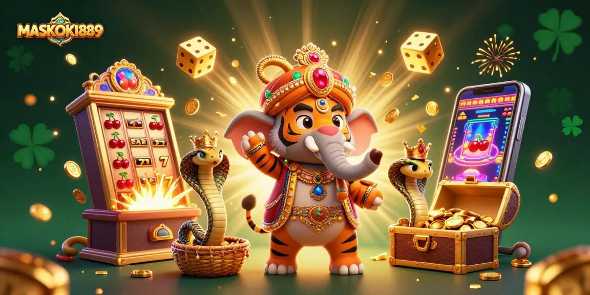 Experience the thrill with MASKOKI889 as a maharaja tiger rides an embellished elephant surrounded by dazzling casino elements.