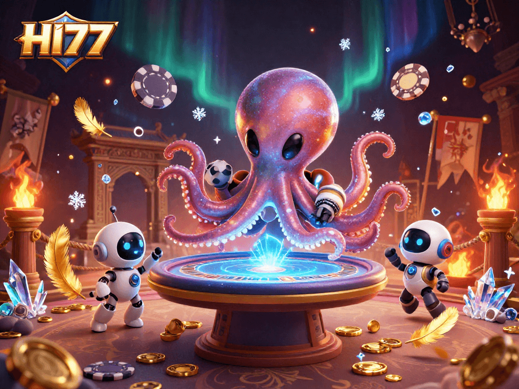 HI77 alien octopus gameplay features exciting holographic poker tables surrounded by dynamic casino elements.