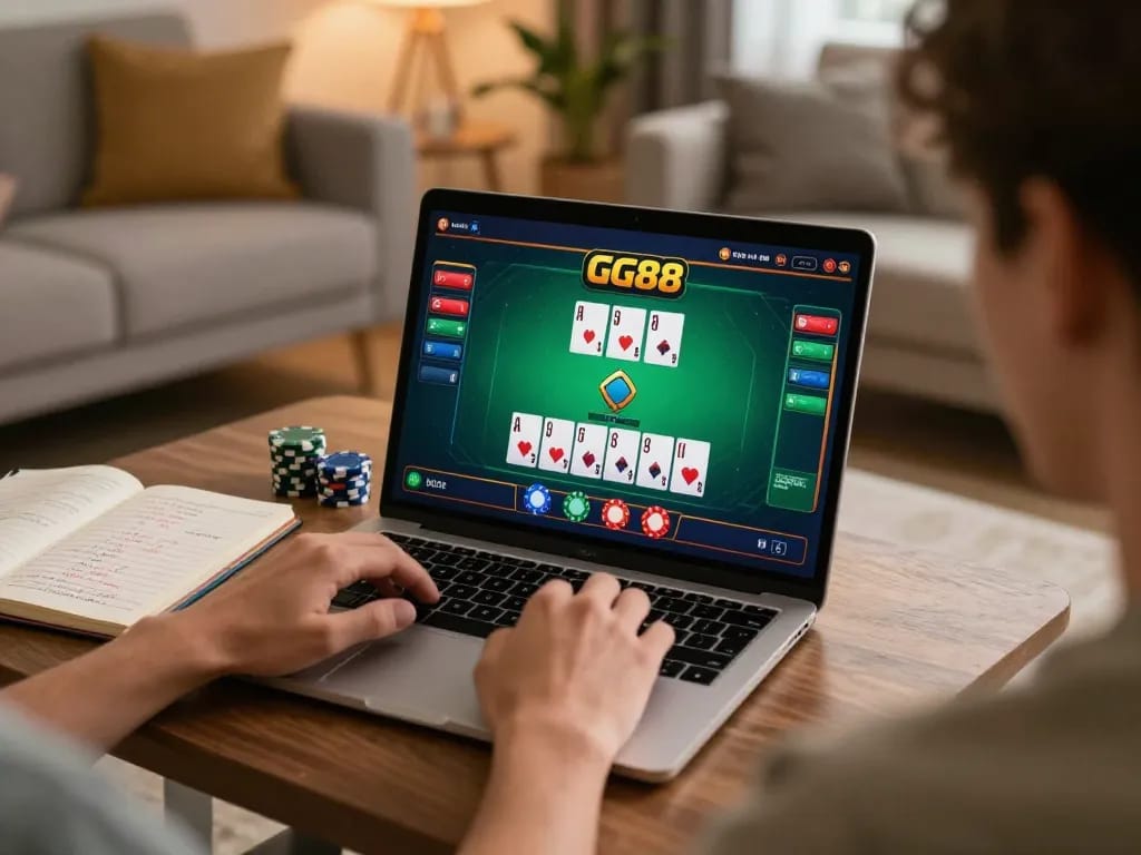 Engaging player immersed in GG88 online poker game strategy at home.