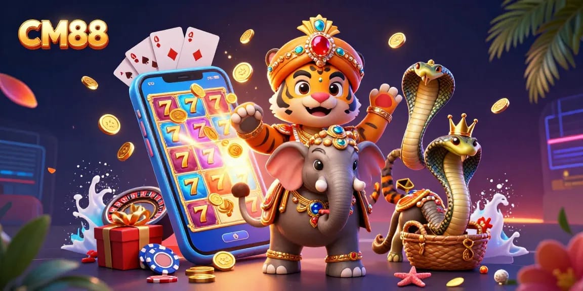 Experience the thrill of CM88 slots with vibrant visuals of a maharaja, elephant, and exciting game elements.
