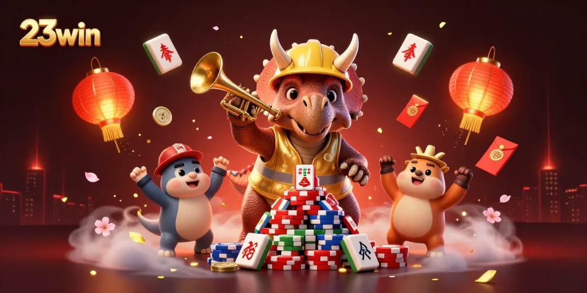 Engage with 23win's vibrant 3D casino illustration featuring dynamic gaming elements.