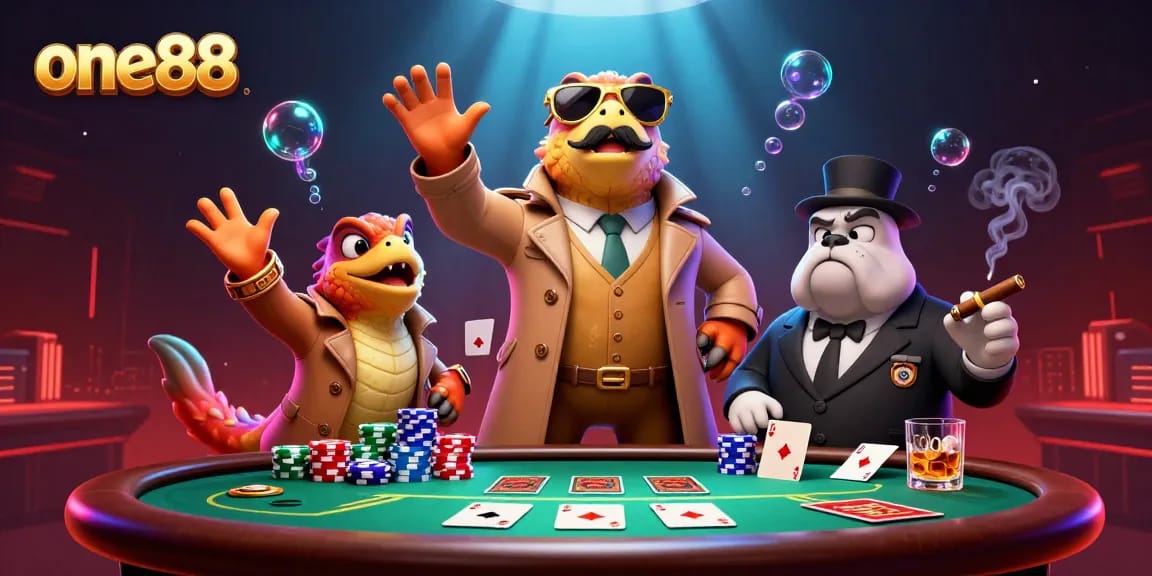Engage with one88's vibrant casino scene where raptors comically attempt entry, surrounded by poker action.