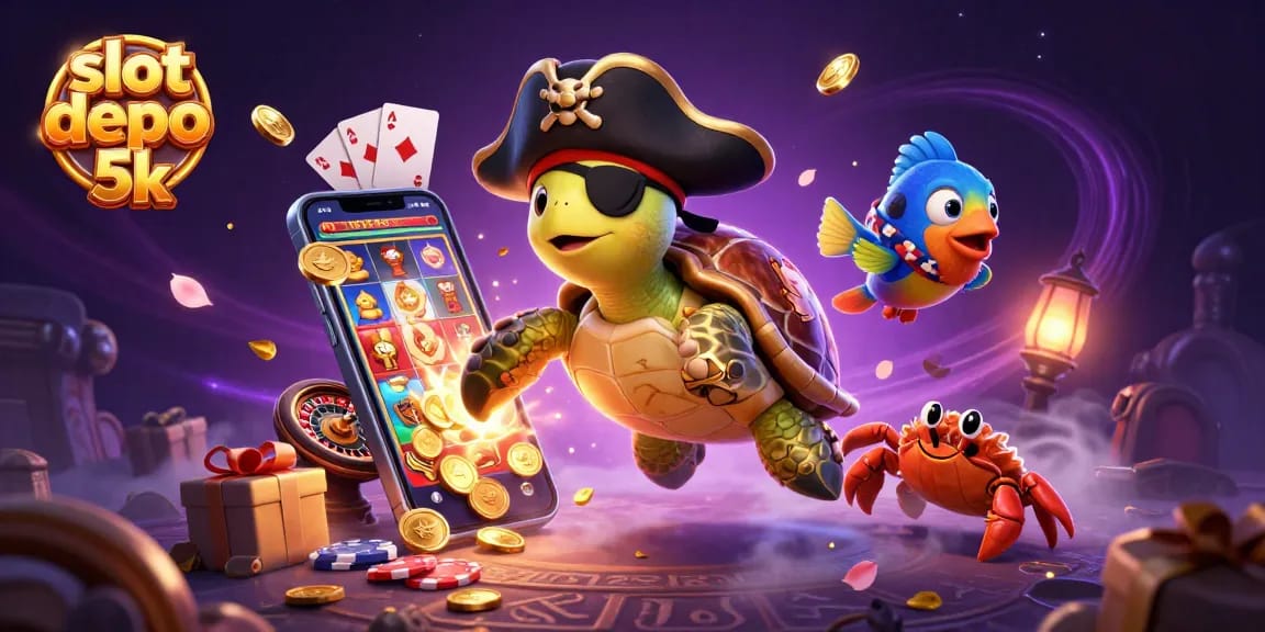 Engage with slot depo 5k as cartoon pirate characters explore treasure, surrounded by spinning reels and gambling elements.