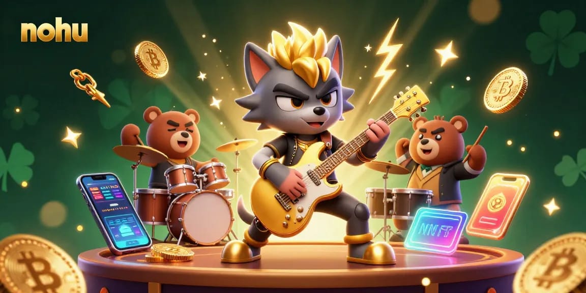 Engage in thrilling nohu gameplay with a cartoon wolf rock star and dynamic casino elements.