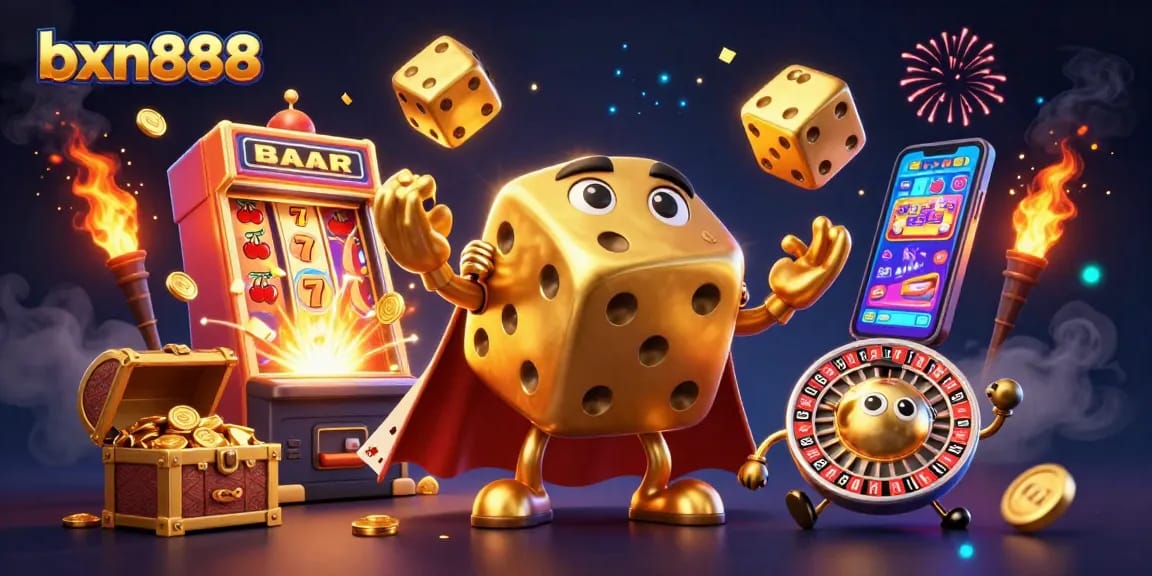 Experience the excitement of casino games with bxn888's engaging 3D dice and jackpot illustration.
