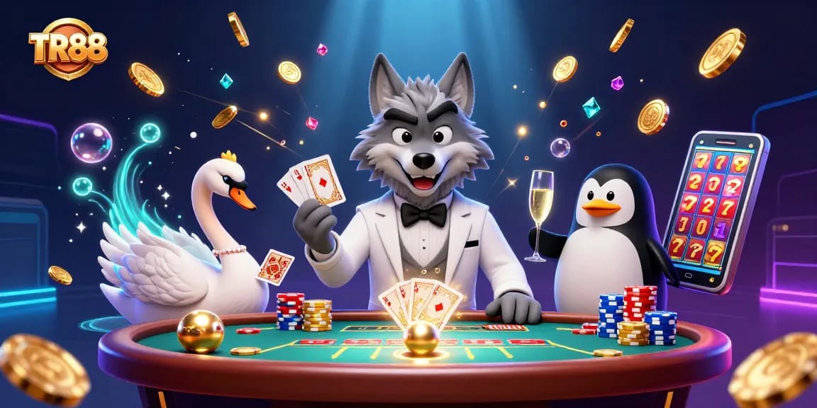 Win big with TR88 at a vibrant baccarat table featuring animated casino characters.