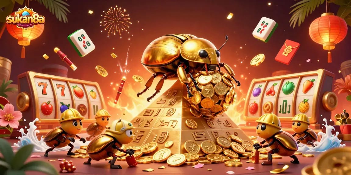 Sukan8a showcases a golden dung beetle rolling coins, enriched with engaging casino scenes for gamblers.